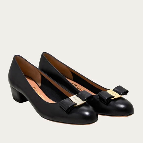 Salvatore Ferragamo Black Heels with Gold Accents - Picture 1 of 6